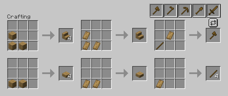Recipes for wooden stairs, slabs, sticks, and wooden tools