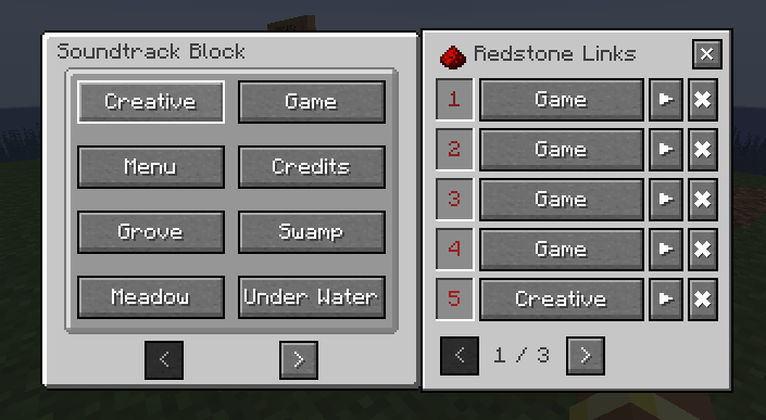 Soundtrack block GUI with redstone panel open