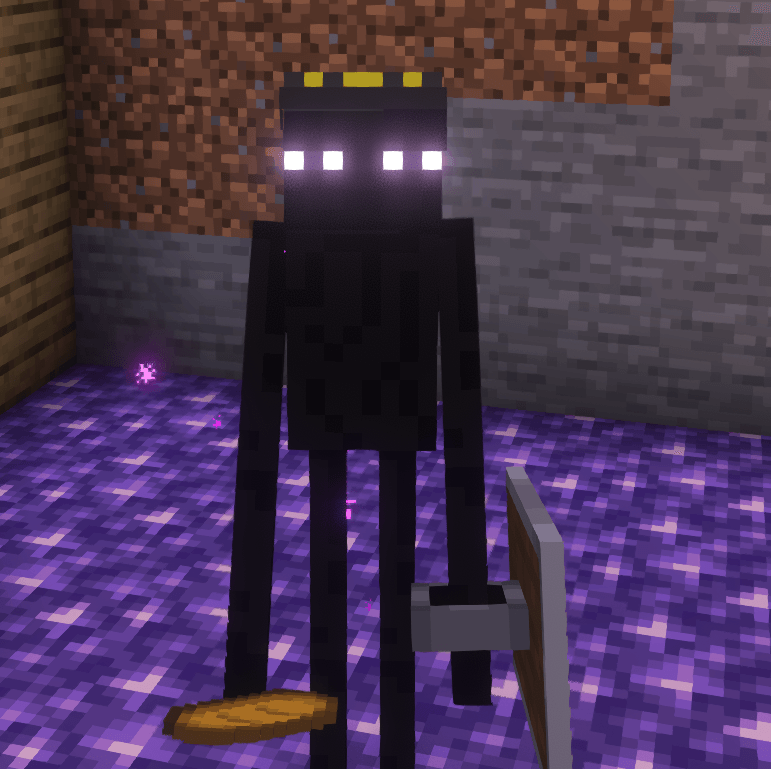 An enderman in a beanie holding a shield and bread