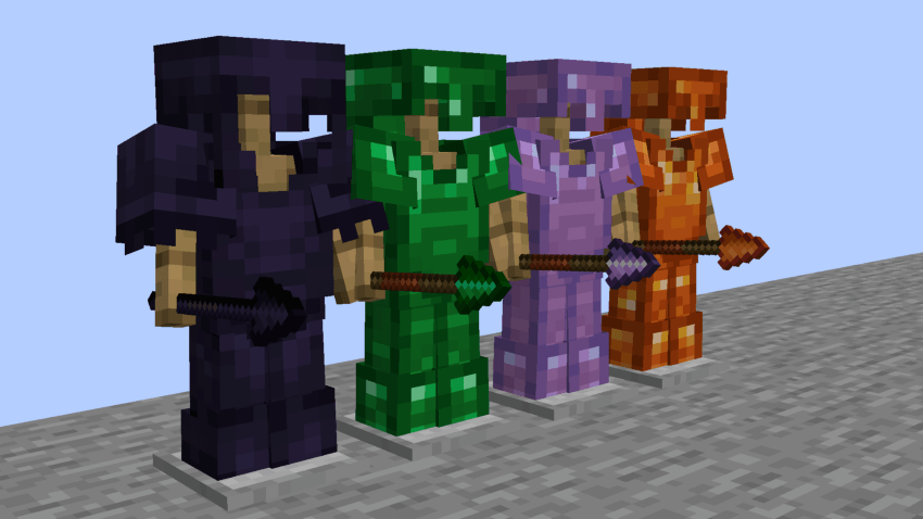 Resin, Amethyst, Emerald and Magic Obsidian Armor and Spears