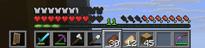 Minecraft Survival HUD the items are: Diamond Sword with 75% durability, Enchanted Netherite Pickaxe that's mostly new, Iron Axe, Iron Shovel, 33 Steak, 14 Porkchops, 32 Torches, 40 Dirt. Offhand has a Shield. The player has the 30 Steaks selected.