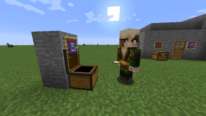 A merchant is interacting with a chest below a merchant stall sign