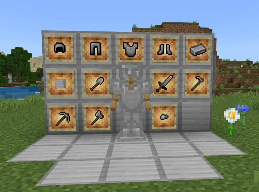 A showcase of all of the mod's items in item frames on a wall, with an armor stand in the center fitted with a set of Steel Armor.