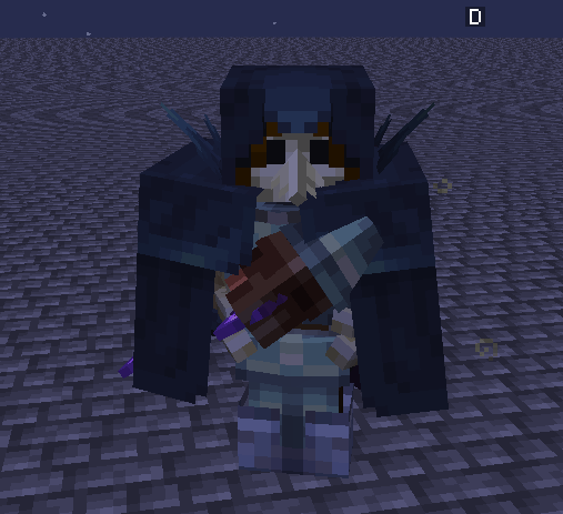 A player wearing dark-magic themed armor and weilding a scythe
