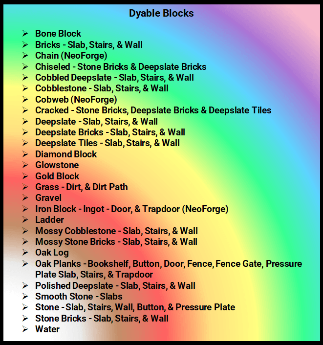 List of all currently dyable blocks