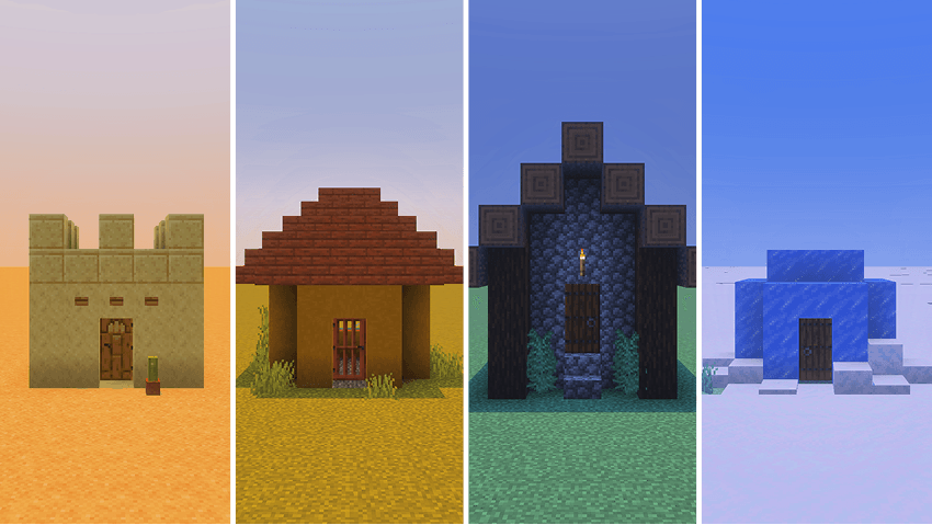 An image divided into four different layers showing small houses from desert, savanna, taiga, and snowy villages.