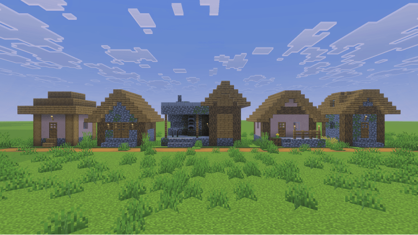 A screenshot showing various plains village houses next to each other.