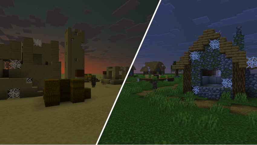 An image divided into two different layers showing an instant abandoned desert village and an instant abandoned plains village.