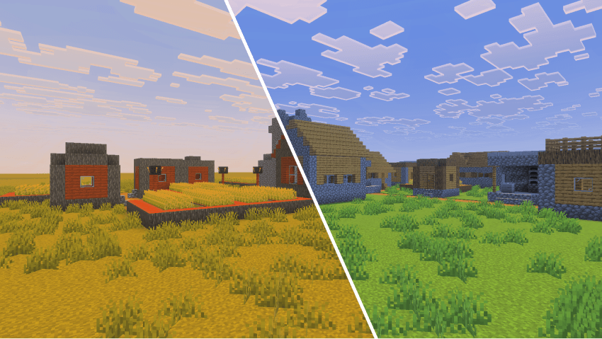 An image divided into two different layers showing an instant old savanna village and an instant old plains village.