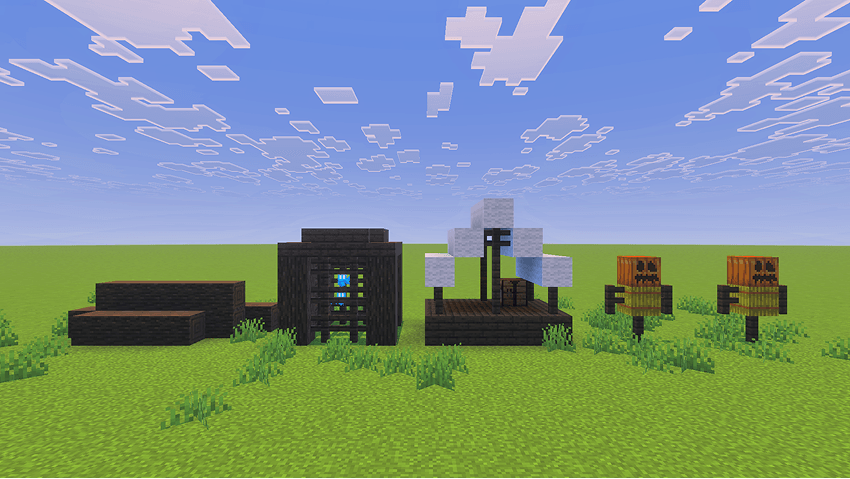 Screenshot showing Pillager Outpost features (Logs, Cage, Tent, and Targets).