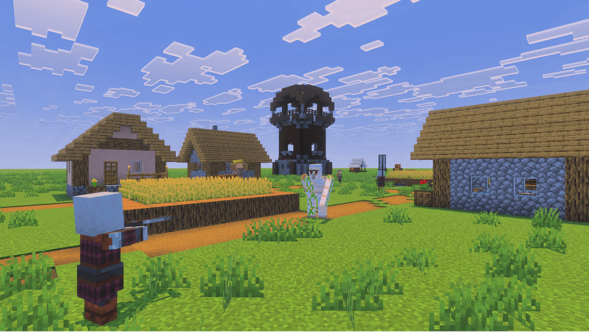 Screenshot showing an instant Plains Village and an instant Pillager Outpost.