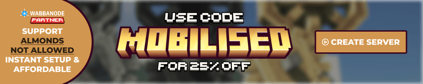 An advertisement banner for a Wabbanode server - Use code Mobilised for 25% off
