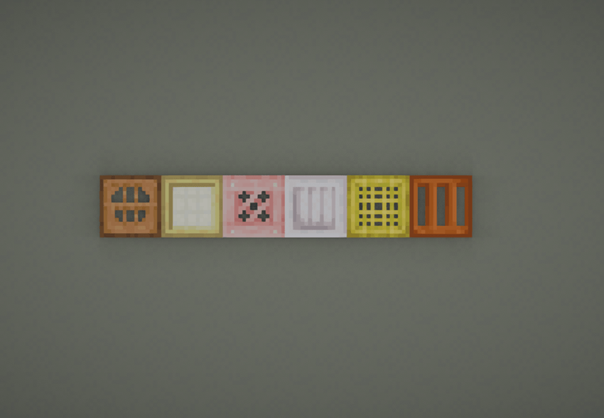 a row of minecraft trapdoors placed on a wall side by side showcasing the contrasting colors of the handles being removed and which patterns where fixed.