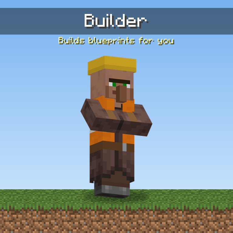 Builder villager wearing a yellow hard hat and an orange safety vest