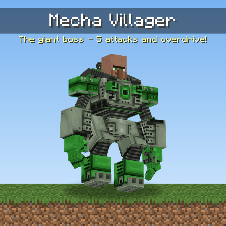 Mecha Villager boss, a giant grey and green robot with a villager pilot