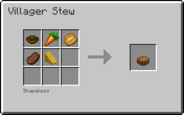 Crafting recipe for Villager Stew: a bowl, carrot, baked potato, cooked beef and cheese