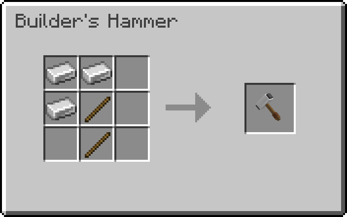 Crafting recipe for the Builder's Hammer: iron ingots and sticks