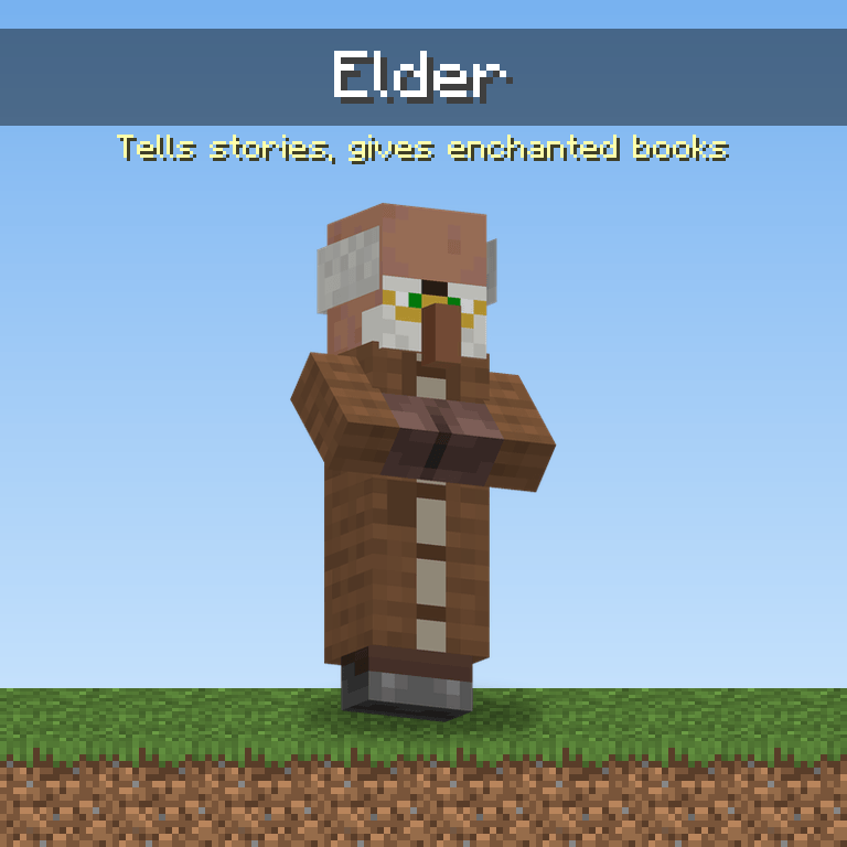 Elder villager with a white beard, gold glasses and a brown cardigan