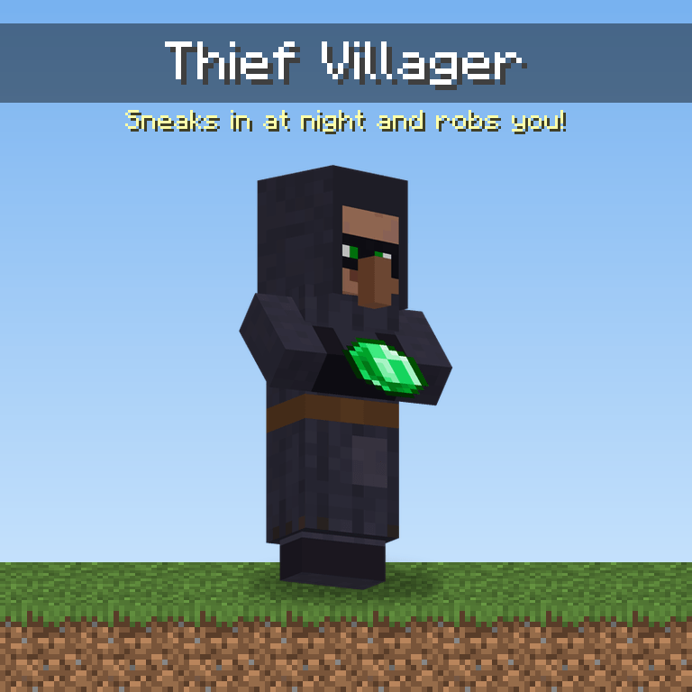 Thief villager in a dark hood and black eye mask, holding a stolen emerald
