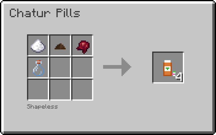 Crafting recipe for Chatur Pills: sugar, poop, a fermented spider eye and a glass bottle