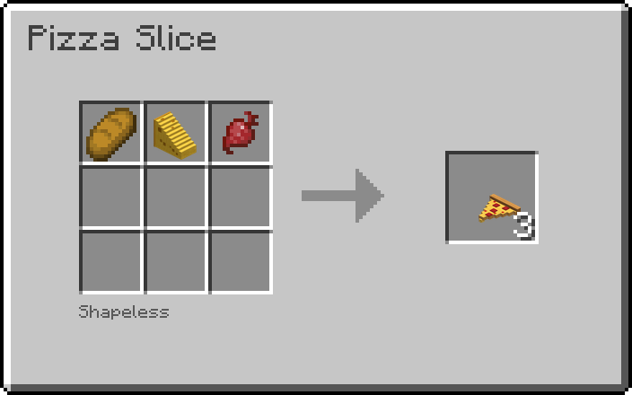 Crafting recipe for the Pizza Slice: bread, cheese and beetroot make 3 slices