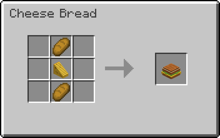 Crafting recipe for Cheese Bread: bread, cheese and bread stacked vertically