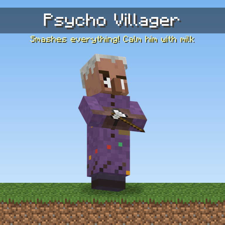 Psycho villager with wild grey hair, crazy eyes and a paint-splattered purple robe, holding an axe