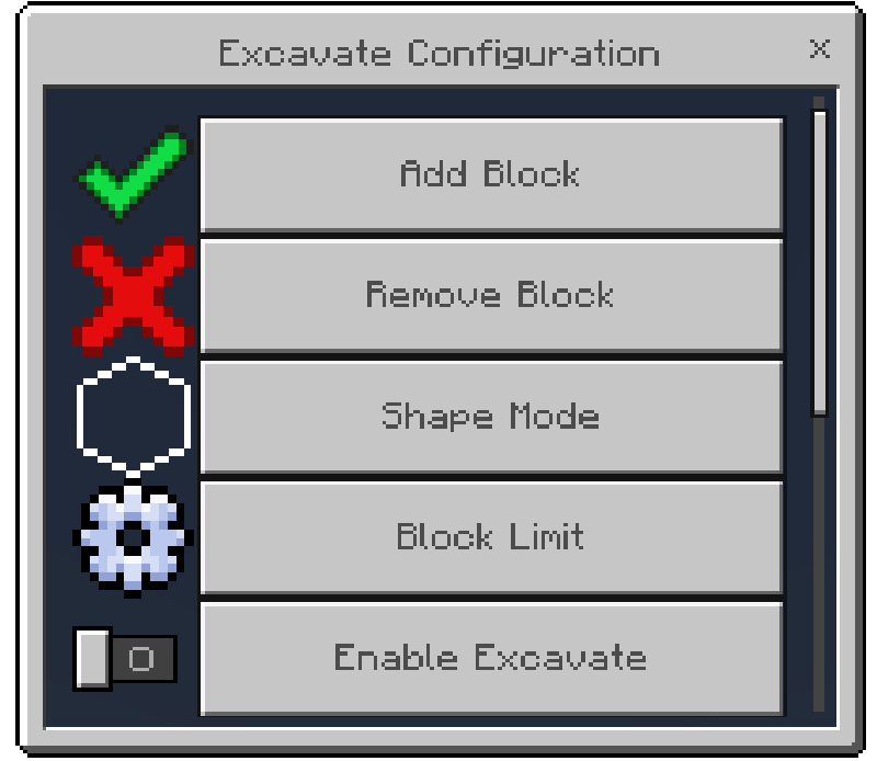 Dorios Excavate Configuration Menu