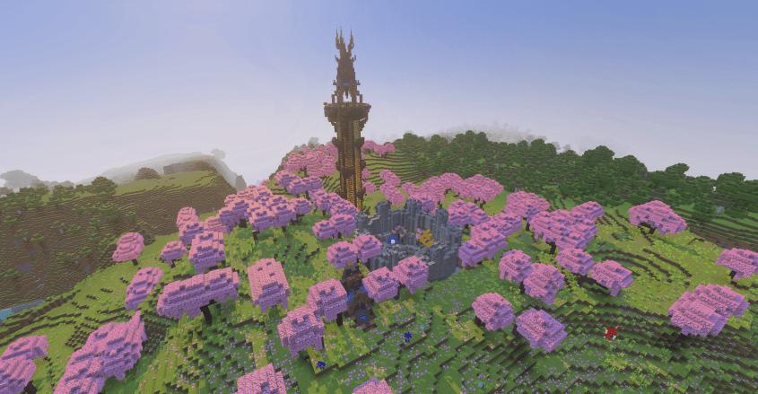 An image of a Master Sword Shrine next to a tower and Shrine