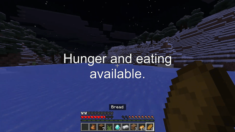 A player is eating a loaf of bread while there are no hostile mobs at night around them.