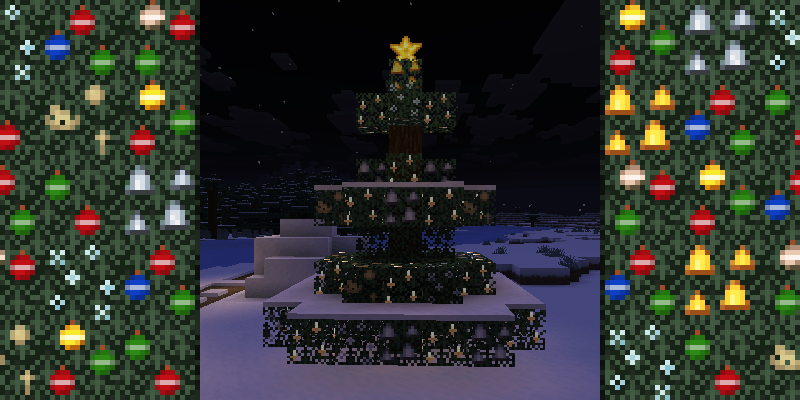 Tree Decorated with Carved Wooden Ornaments, Silver Bells, and Candles