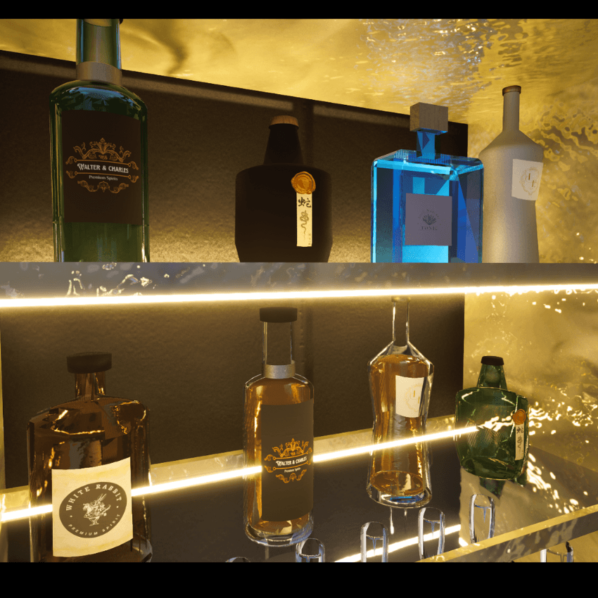 Close-up of other bottles on the shelf and lighting at night