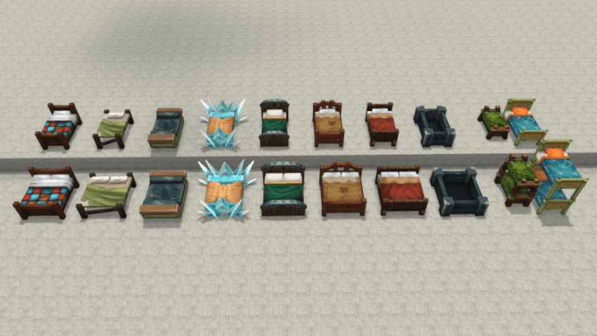 All single and double beds lined up together.