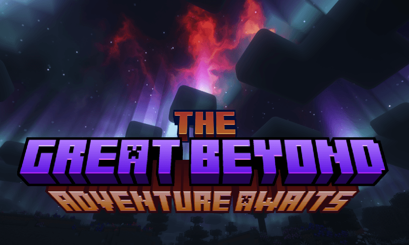 The Great Beyond - A adventure orientated modpack for Minecraft - The TGB logo on a minecraft sky image