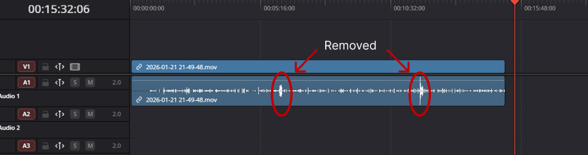 a screenshot of a timeline within a video editor tool showing the waveforms of a gameplay recording. There are two audio spikes with red circles around them and arrows pointing to each one to draw attention to what the pack is fixing.