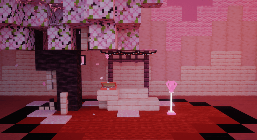 A Minecraft romantic cherry blossom-themed scene featuring drooping cherry branches and a cherry tree. a pink couch upon which an open box of chocolate rests, a glowing pink crystal heart lamp on a stand and a red heart floor.
