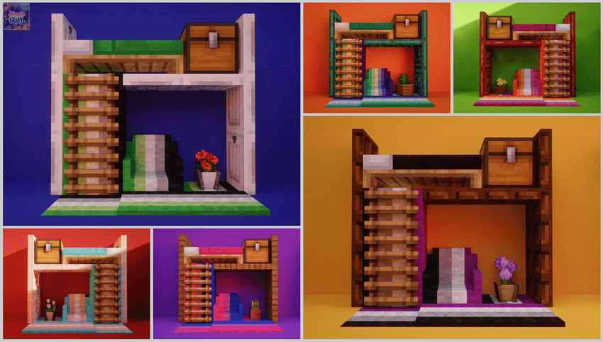 A collage of Minecraft build designs showing different colourful bunk beds with wooden frames. Each design features a ladder, a chest on the top bunk, and a staircase leading up to the bottom bed, decorated with colorful Pride bedding and small potted plants against bright, solid-colored backgrounds.