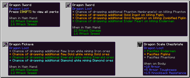An image of several DragonLoot items with improved stats, and Advanced Netherite item abilities
