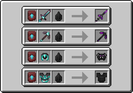 An image of the smithing recipes for DragonLoot items requiring Netherite-Diamond base items to craft instead of Netherite base items