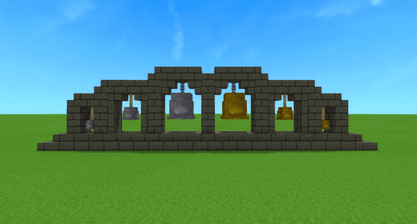 In order from left to right: the small silver bell, medium silver bell, large silver bell, large gold bell, medium gold bell, small gold bell.