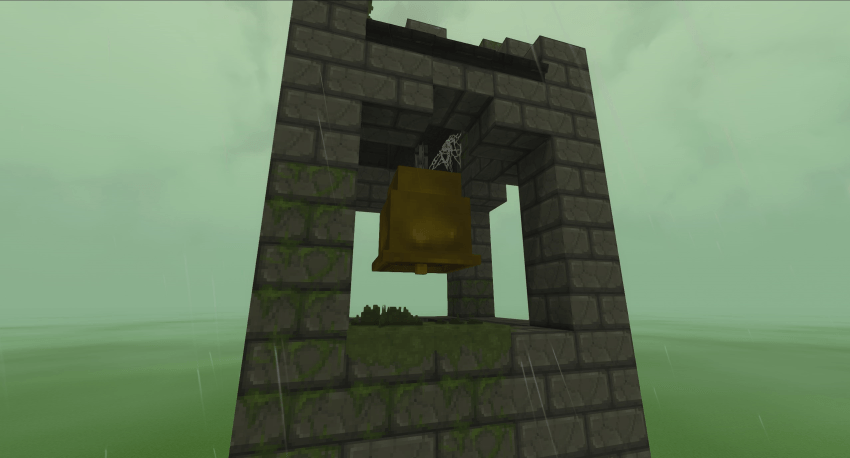 A large gold bell in a 5x5 belltower.