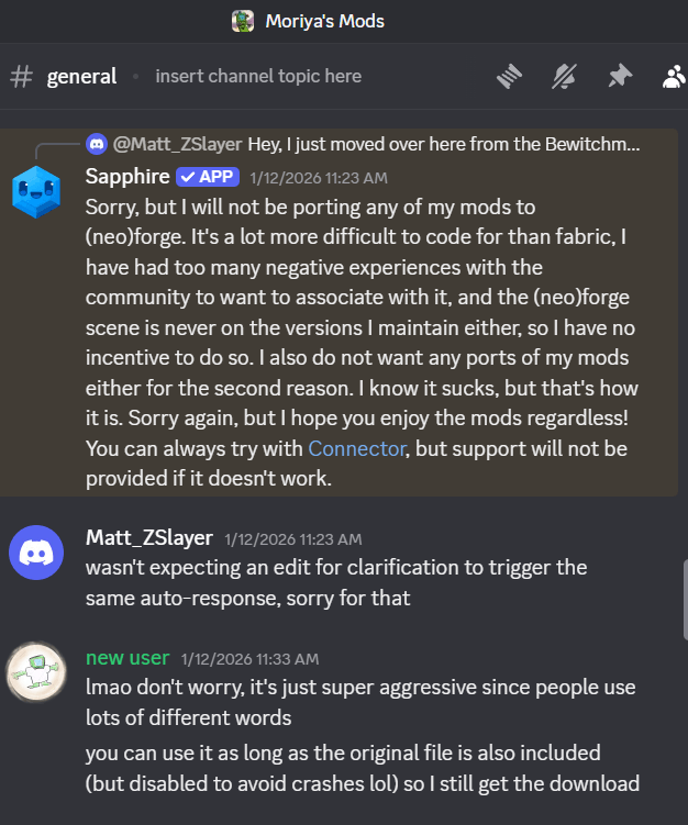 A screenshot of MoriyaShiine giving permission to use the edited version of Bewitchment in this modpack