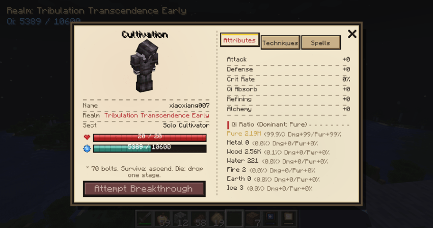 Player Cultivation Panel - Stats Tab