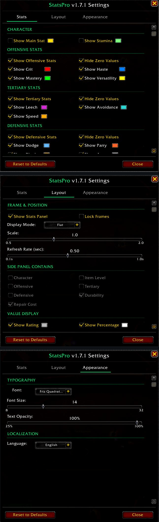 StatsPro settings — Stats, Layout, and Appearance tabs stacked vertically