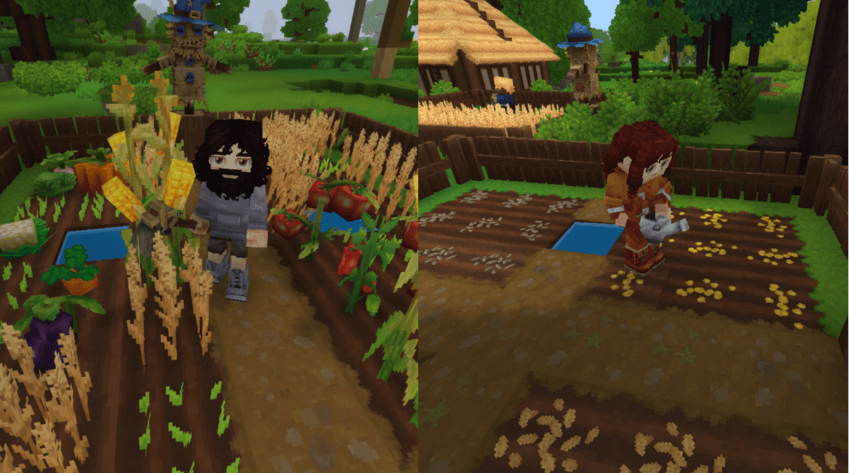 Two different villagers harvesting and watering crops