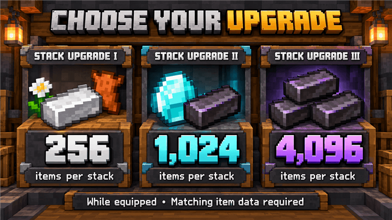 Stack Upgrade I: 256; II: 1,024; III: 4,096 items per stack while equipped. Matching item data required.