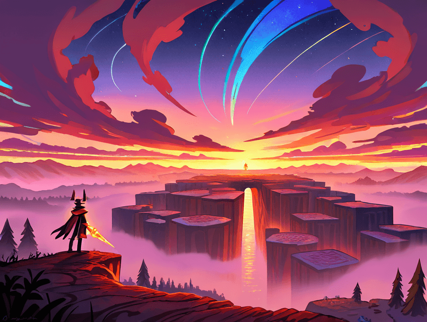 A cloaked trainer stands at the edge of a crimson cliff, a glowing lance in hand, gazing out over a sea of mist that swallows the valley below. Massive mesa plateaus rise from the fog like ancient ruins, a luminous waterfall of light cutting between them and drawing the eye toward a lone silhouette standing at the horizon. Above, the sky erupts in sweeping arcs of color — deep violet bleeding into molten orange and gold at the horizon line, with curling red storm clouds that hint at something vast and alive stirring in the atmosphere. Shooting stars streak across the twilight in cyan and green. Pine trees frame the foreground in dark silhouette. The whole scene carries the weight of a world far larger than one person — and the quiet certainty that they're about to walk into it anyway.