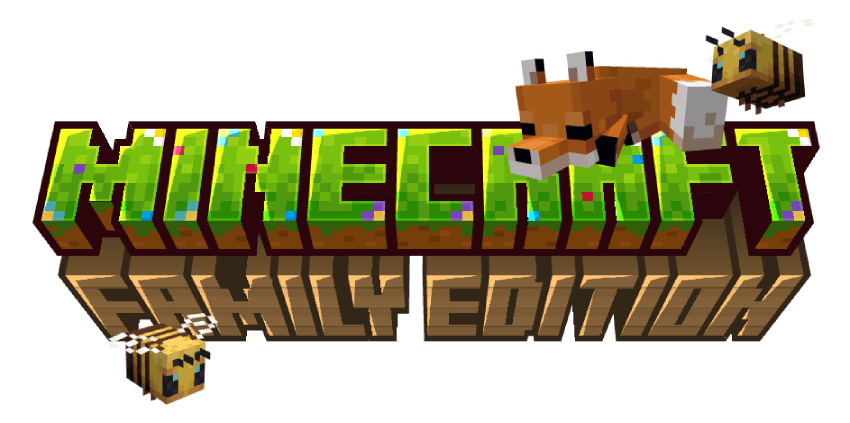 Minecraft Family Edition logo. Features a fox resting on top and two bees circling, all in the Minecraft style.