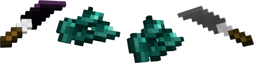 Two ender pearl pieces at the middle and obsidian knife on the left and enderite knife on the right