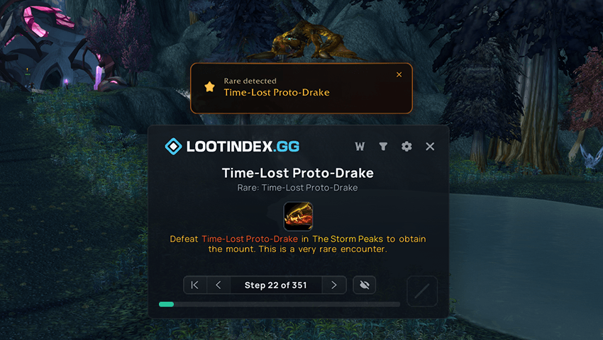 Mount Planner route step with an on-screen alert for the nearby Time-Lost Proto-Drake rare.